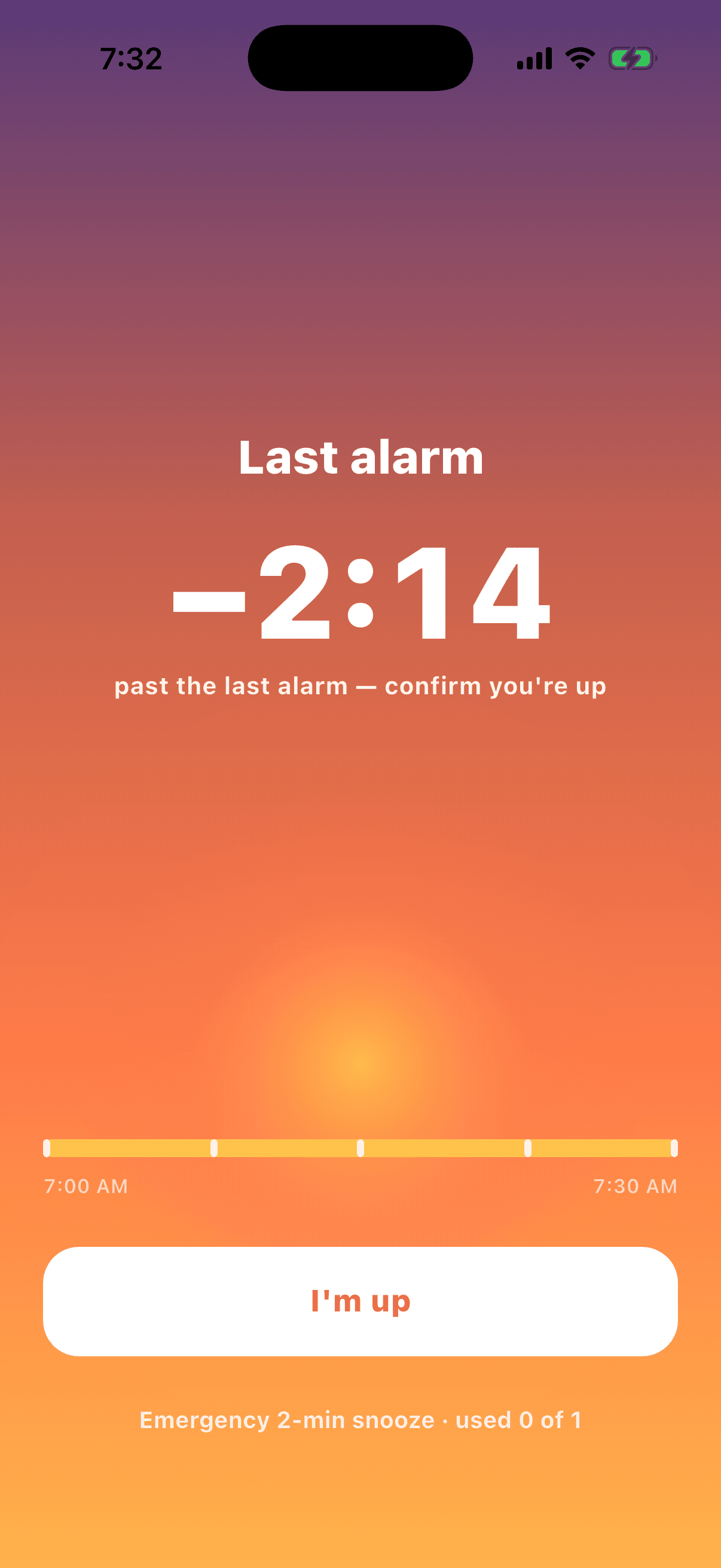 The final Slowrise alarm, past its deadline, offering only ‘I’m up’ and a single emergency two-minute snooze
